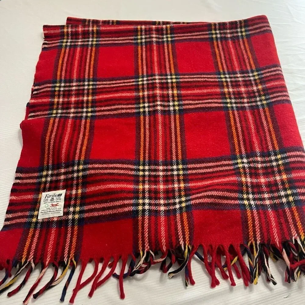 Faribo Wool Fringed Throw Lap Blanket Red Tartan Plaid Wool